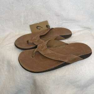 OLUKAI Men’s Leather Sandals Light Brown Size 10 Arch Support Flip Flops